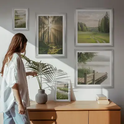 Tableau de décoration murale paysages forestiers avec soleil et eau