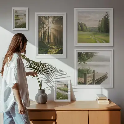 Tableau de décoration murale paysages forestiers avec soleil et eau