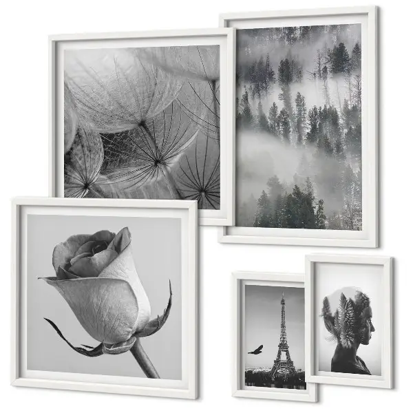 Lot de tableaux encadrés représentant une ville dans la nature en noir et blanc