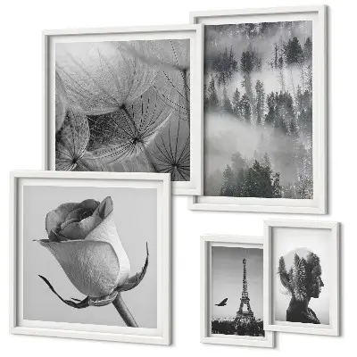 Lot de tableaux encadrés représentant une ville dans la nature en noir et blanc