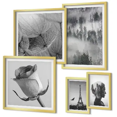 Lot de tableaux encadrés représentant une ville dans la nature en noir et blanc