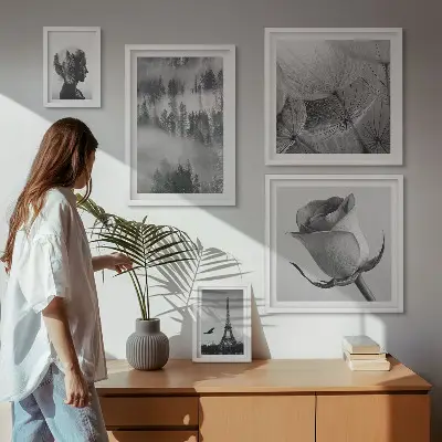 Lot de tableaux encadrés représentant une ville dans la nature en noir et blanc