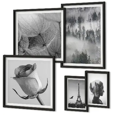Lot de tableaux encadrés représentant une ville dans la nature en noir et blanc