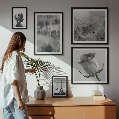 Lot de tableaux encadrés représentant une ville dans la nature en noir et blanc