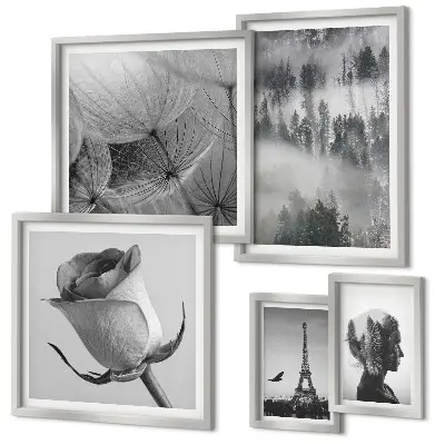 Lot de tableaux encadrés représentant une ville dans la nature en noir et blanc