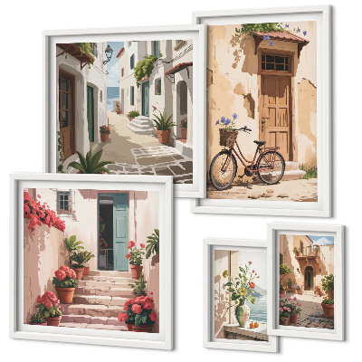 Lot de tableaux encadrés Des rues charmantes avec un vélo