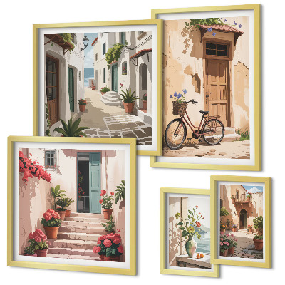 Lot de tableaux encadrés Des rues charmantes avec un vélo