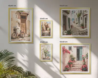 Lot de tableaux encadrés représentant des rues charmantes avec un vélo