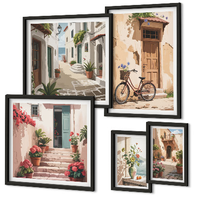 Lot de tableaux encadrés Des rues charmantes avec un vélo