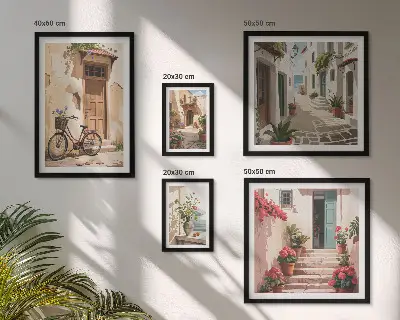 Lot de tableaux encadrés représentant des rues charmantes avec un vélo