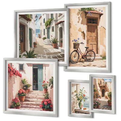 Lot de tableaux encadrés Des rues charmantes avec un vélo