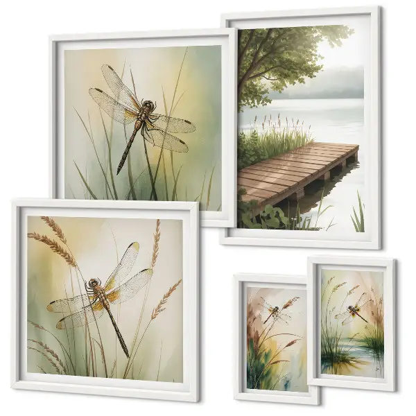 Lot de tableaux encadrés représentant des paysages paisibles de libellules