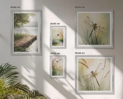 Lot de tableaux encadrés représentant des paysages paisibles de libellules