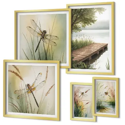 Lot de tableaux encadrés représentant des paysages paisibles de libellules
