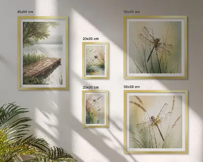 Lot de tableaux encadrés représentant des paysages paisibles de libellules