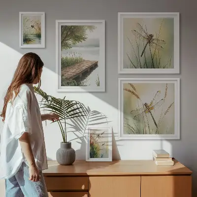 Lot de tableaux encadrés représentant des paysages paisibles de libellules