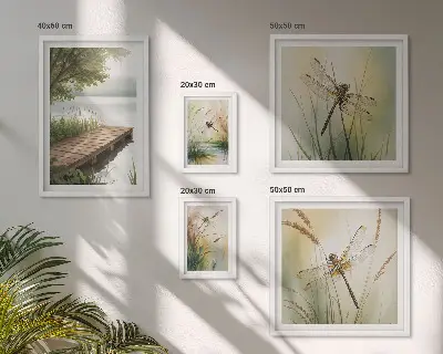 Lot de tableaux encadrés représentant des paysages paisibles de libellules