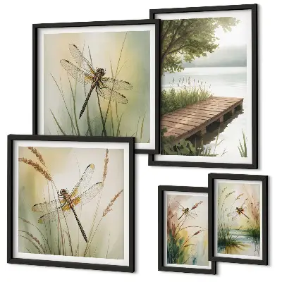 Lot de tableaux encadrés représentant des paysages paisibles de libellules