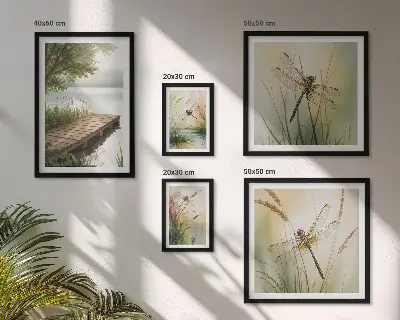 Lot de tableaux encadrés représentant des paysages paisibles de libellules