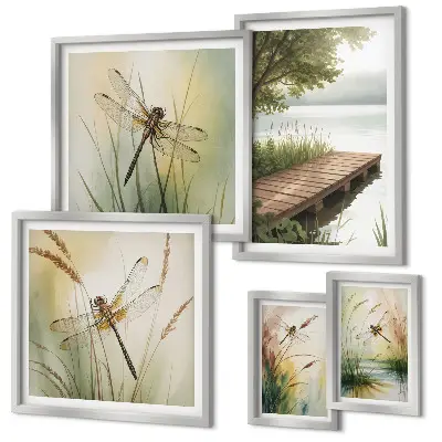 Lot de tableaux encadrés représentant des paysages paisibles de libellules