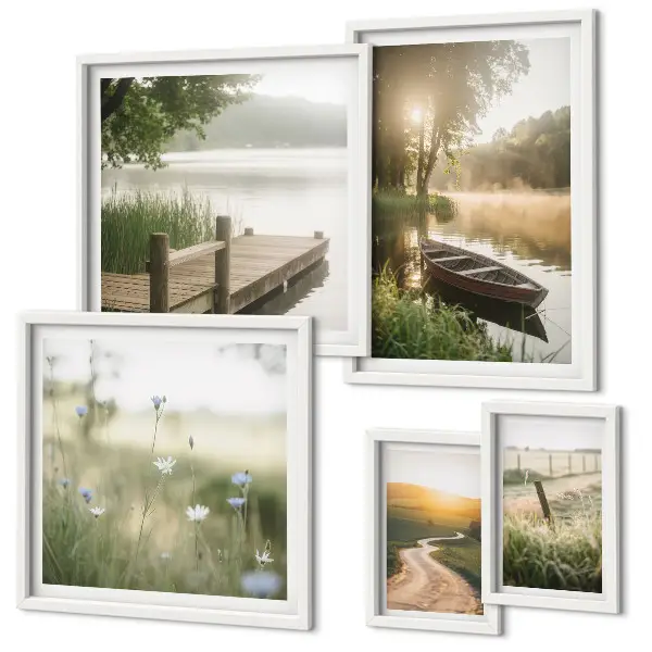 Ensemble de 5 tableaux représentant des paysages tranquilles d'eau verte