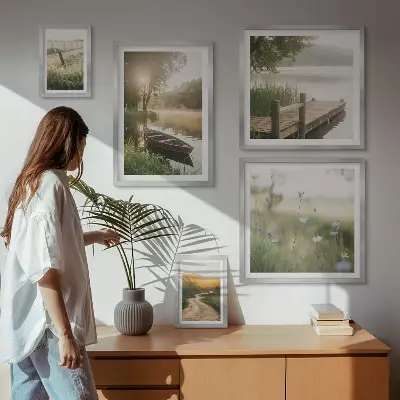 Ensemble de 5 tableaux représentant des paysages tranquilles d'eau verte