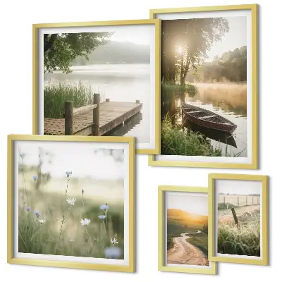 Ensemble de 5 tableaux représentant des paysages tranquilles d'eau verte