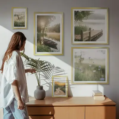Ensemble de 5 tableaux représentant des paysages tranquilles d'eau verte
