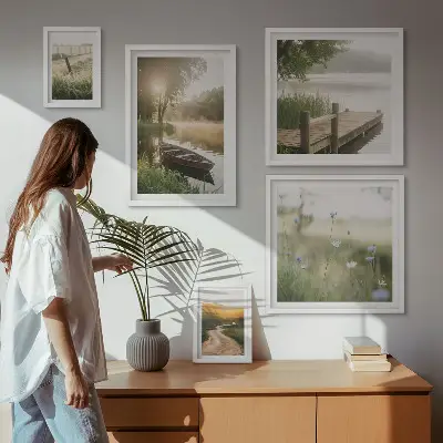 Ensemble de 5 tableaux représentant des paysages tranquilles d'eau verte