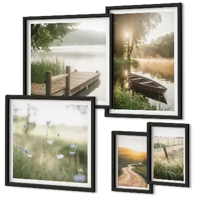 Ensemble de 5 tableaux représentant des paysages tranquilles d'eau verte