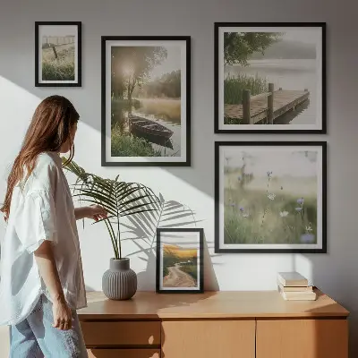 Ensemble de 5 tableaux représentant des paysages tranquilles d'eau verte
