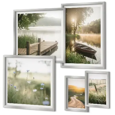 Ensemble de 5 tableaux représentant des paysages tranquilles d'eau verte