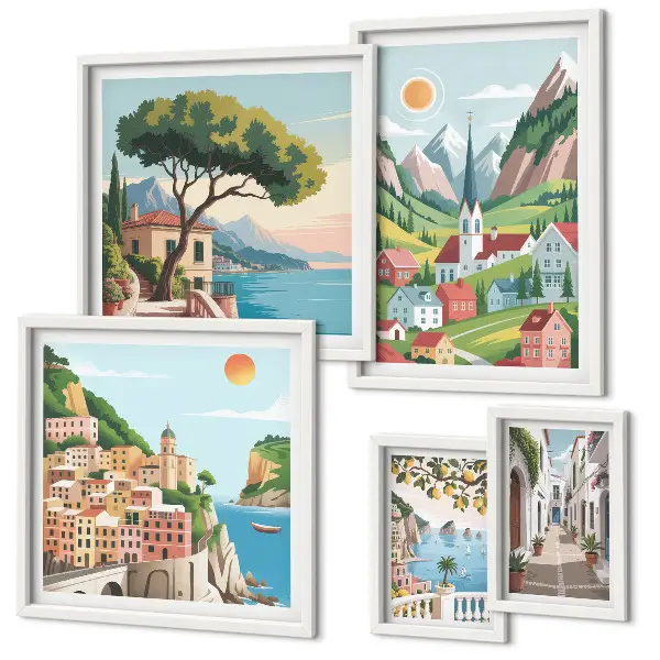 Ensemble de 5 tableaux représentant des montagnes et des villes charmantes