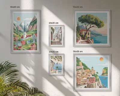 Ensemble de 5 tableaux représentant des montagnes et des villes charmantes