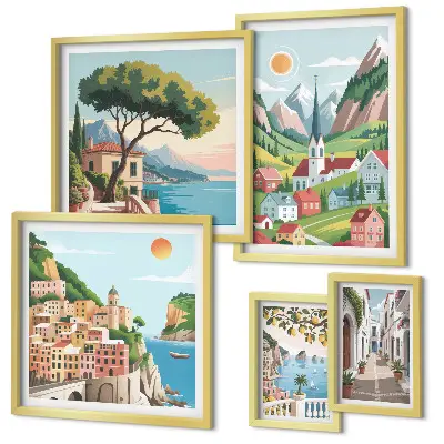 Ensemble de 5 tableaux représentant des montagnes et des villes charmantes