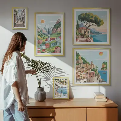 Ensemble de 5 tableaux représentant des montagnes et des villes charmantes