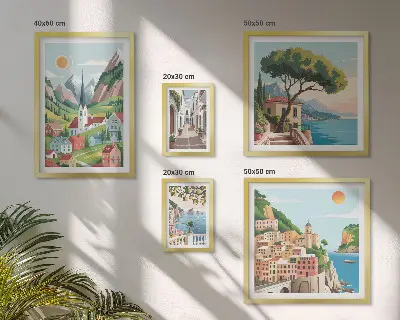 Ensemble de 5 tableaux représentant des montagnes et des villes charmantes