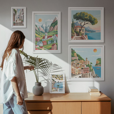 Ensemble de 5 tableaux Montagnes et villes charmantes