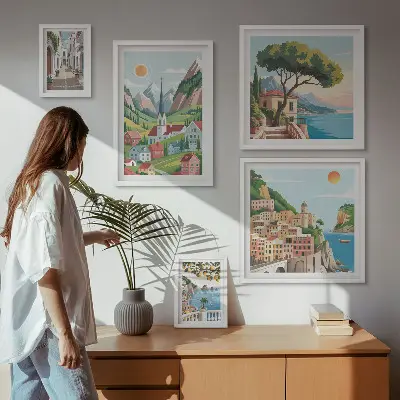 Ensemble de 5 tableaux représentant des montagnes et des villes charmantes