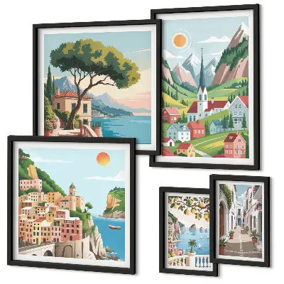 Ensemble de 5 tableaux représentant des montagnes et des villes charmantes