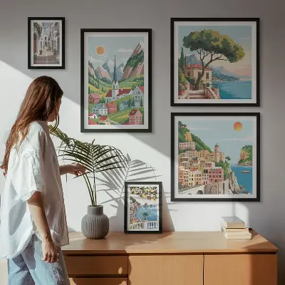 Ensemble de 5 tableaux représentant des montagnes et des villes charmantes