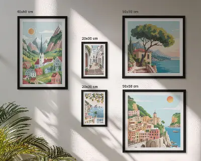 Ensemble de 5 tableaux représentant des montagnes et des villes charmantes
