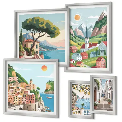 Ensemble de 5 tableaux représentant des montagnes et des villes charmantes
