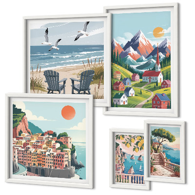 Lot de tableaux encadrés Paysages rétro de montagne et de mer