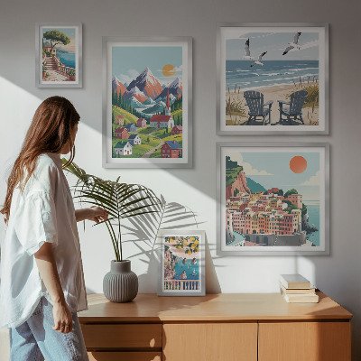 Lot de tableaux encadrés Paysages rétro de montagne et de mer