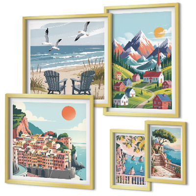 Lot de tableaux encadrés Paysages rétro de montagne et de mer