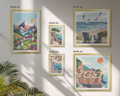 Lot de tableaux encadrés Paysages rétro de montagne et de mer