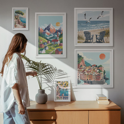 Lot de tableaux encadrés Paysages rétro de montagne et de mer