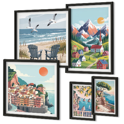 Lot de tableaux encadrés Paysages rétro de montagne et de mer