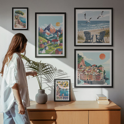 Lot de tableaux encadrés Paysages rétro de montagne et de mer